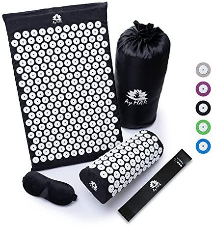 Akupressurmatte mit Kissen Akupressur Set mit Fitnessband Augenmaske & Tragetasche Shakti Matte Massagematte gegen Rückenschmerzen Stress Nackenschmerzen Migräne Verspannungen