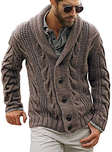 Mens Cable Knit Cardigan Sweater Shawl Collar Loose Fit Long Sleeve Casual Cardigans Brown