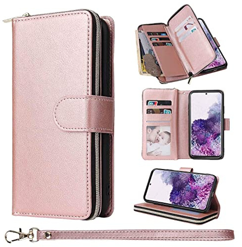 ZCDAYE Leather Phone Case for Samsung Galaxy S21 FE Wallet Case, Rose Gold | Practical Flip Case with Card Holder, Wrist Strap, Zipper Pocket, Magnetic Closure, Elegant Women Cases Phone Cover Holster