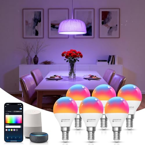 Aigostar Alexa-lampa, smart LED-lampa SL2 G45 E14 6,5 W, trådlös lampa varm/kall och RGB. Kompatibel med Alexa/Google Home, ingen hubb krävs. Dimbara färger, röststyrning, energibesparande, 6-pack