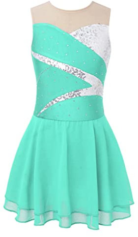 TiaoBug Mädchen Glitzer Eiskunstlauf Kleid Kostüme Ärmellos Ballettkleid Tanzkleid Mesh Spleiß Leotard mit Chiffon Röckchen Ballettkleidung gr.110-176 Hell Grün D 134-140