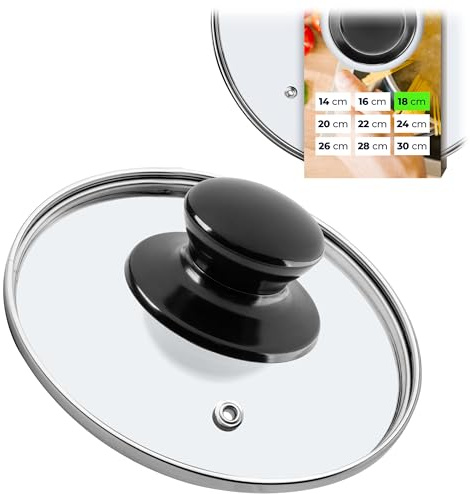 KADAX glaslock, grytlock Ø 18 cm med glänsande svart handtag, värmebeständigt, med ånghål, universellt lock för kastruller och stekpannor, klar sikt, tätt stängande