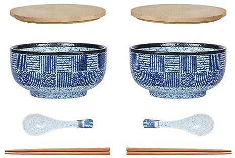 Japanischer Ramen Schüssel Großer Suppenschüssel mit Deckel Löffel，Vintage Ramen Bowl aus Keramik，Salatschüsseln，Instant Nudel Schüssel - 900 ml (Streifen 2er Set)
