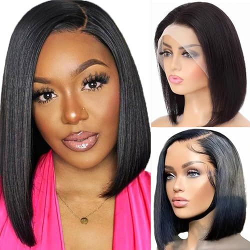MYouan Glatte Bob-Perücken, Echthaar, 13 x 4, Vollfrontperücke, 180% Dichte, 13 x 4 HD, Unsichtbare Vollspitzenfront, Echthaar-Bob-Perücken für Frauen, Vorgezupft 14 Zoll