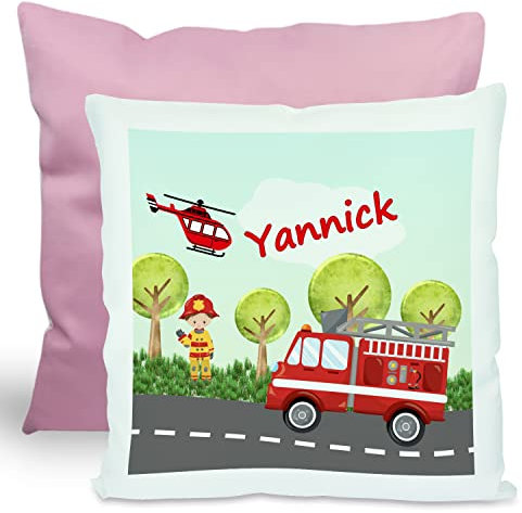 CreaDesign, Kinder Kissen 40x40 cm personalisiert mit Namen, Kinderzimmer Deko Kissen Kinder mit Füllung Federn, Motiv Feuerwehr, Rückenfarbe Rosa