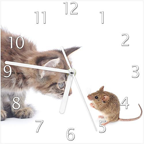 Wallario Design-Wanduhr Katze und Maus beim Spielen - weißer Hintergrund aus Glas, Motiv-Uhr Größe 20 x 20 cm, weiße Zeiger