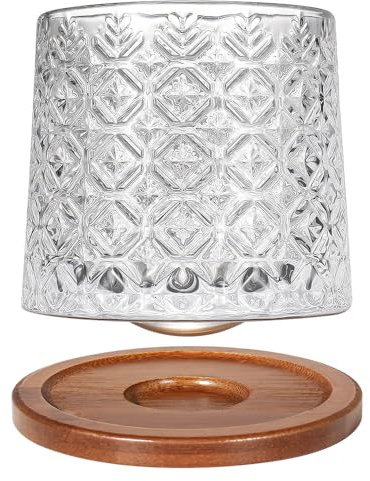 Uten Vaso de Whisky de Cristal, 275 ml/10 oz Vaso de Agua Giratorio, Posavasos de Bambú, Tacto Grueso, Adecuado para Beber Ron, Brandy, Cócteles, Café, Jugo, Relajarse y Descomprimir, 1 Pieza