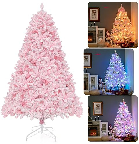 COSTWAY 180 cm Weihnachtsbaum Künstlich Rosa, Tannenbaum LED mit Schnee, 8 Lichtmodi, Christbaum mit bunten Lichtern & Metallständer, beleuchteter Festtagsbaum für Zuhause Büro Geschäfte, Pink