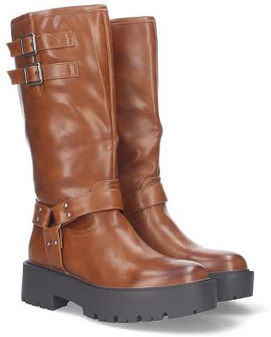 79601 Botas Moteras con Tacon Bajo y Plataforma, Adorno al Tono en el Tobillo y Cana de 30,5cm con 2 Hebillas y Cierre de Cremallera Otono e Invierno Camel Talla 38
