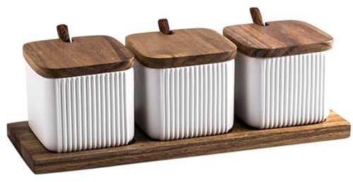 Soulnioi Pot d'assaisonnement en céramique en 3, pot d'assaisonnement carré avec cuillère, pot à épices en céramique avec couvercle en bois, récipient à sel, sucrier blanc