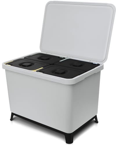 YourCasa Mülleimer Küche 4 Fächer [40L] im exklusiven Design - Mülltrennsystem mit Deckel und Fuß - Abfalleimer groß mit 4x10L herausnehmbaren Eimern Küchenabfalleimer Recycling (Hellgrau, 40 Liter)