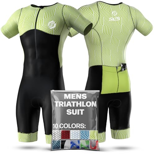 SLS3 Triathlon Suits Mens - Aerodynamic Sleeved Tri Suit Men – Lightweight Trisuit with Premium FX Fabrics - 2 Pockets (Key Lime Hex, Medium)
