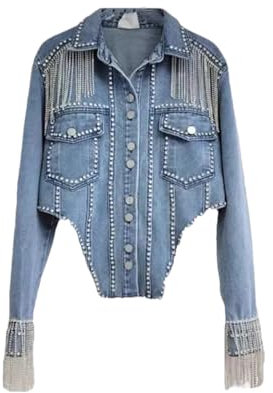 Rfmfkkg Damen-Jeansjacke im Vintage-Stil, mit Strasssteinen, Fransen, Kette, Nieten, Jacke, Jeans, Oberbekleidung, blau, 42