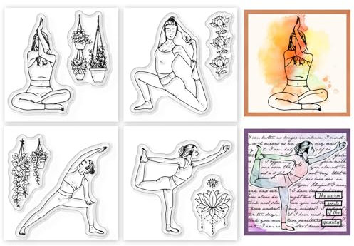 GLOBLELAND 4 Stück Mini Yoga Frau, Transparente Stempel Für DIY, Scrapbooking, Yoga Pflanzen, Silikon Stempelsiegel, Transparente Stempel Für Karten, Fotoalbum, Tagebuch, 2.2x2.2 Zoll