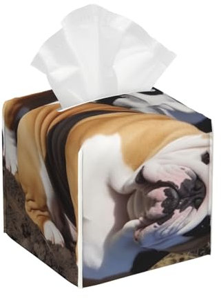 Bedruckte Taschentuchbox mit englischer Bulldogge, quadratischer Lederhalter für Zuhause, Hotel, Auto, Büro