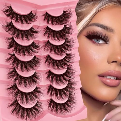 7 Paare 3D Flauschiges Falsche Wimpern, Volumen Curly Dramatische Künstliche Wimpern Natürlich Look, Wiederverwendbar Handgemacht Faux Mink Make-up-Wimpern(7P-XE05)