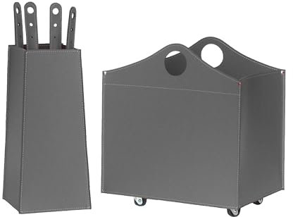 LIMAC Design BOCAD: Set da Camino Moderno in Cuoio, composto da portalegna, Sacca Porta-Ferri in cuoio e set Attrezzi da Camino e stufa, prodotto in Italia. Grigio