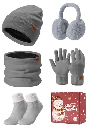 PASUDA Mützen Schal Handschuhe Damen Winter 5 Stücke Set Warme Fleece Gefütterte Beanie Wintermütze Halswärmer Touchscreen Handschuhe Plüsch Ohrenschützer Verdickte Socken Damen Winterzubehör
