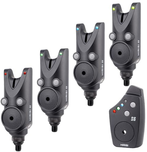 Hirisi Tackle Wasserdichter kabelloser Karpfenbiss-Alarm mit LED-Leuchten, Einstellbarer Lautstärke Tonregelung und Empfindlichkeit bissanzeiger Angeln mit Funk (FBA-S6-4)