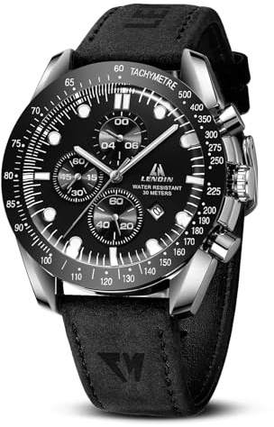 LN LENQIN Orologio Uomo Orologi Analogici Al Quarzo Impermeabili 30M Orologi Da Lavoro Alla Moda Con Datario Orologio in Pelle (Nero Argento Nero-1)