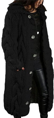 OULIWANGLUO Damen Warm Lange Strickjacke Strick Langarm Cardigan mit Knöpfen Casual Lockere Strickpullover für Winter (Schwarz,5XL)
