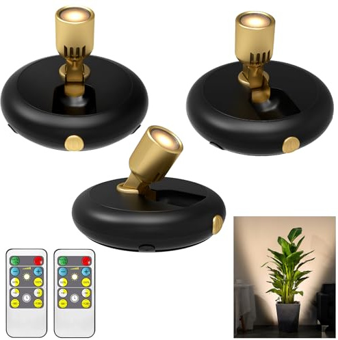 3Pack Battery Operated Indoor Plants SpotLight ,Tree Light Picture light with Remote,Dimmable Mini Led Accent Spotlight for Paintings with Timer,Wireless Uplight for Trees Plants Frame Gallery Closet