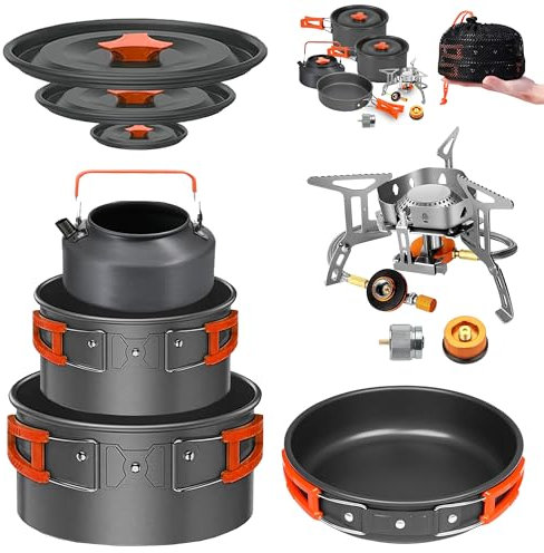 Smokey Camp Backpacking-Kochset mit Herd und Adapter, 2 Töpfe, groß, mittel, 1 Wasserkocher, 1 große Pfanne, 1 Herd, 2 Adapter, kompaktes antihaftbeschichtetes Camping-Kochgeschirr, alles in einem