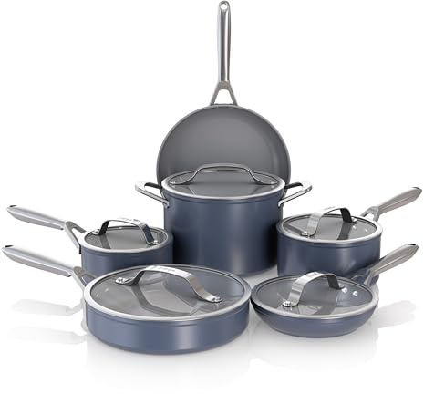 Ninja Ceramic Pro 11-Piece Cookware Set, Non-Stick Pots & Pans Set with Glass Lids, PTFE Free, Ceramic Coated, Oven Safe, All Stovetops & Induction Compatible, Midnight Blue, CW39011MM