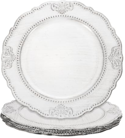 sourcing map 6pcs Vintage Charger Plates Bulk, 13 Inch Plastic Beaded Decorative Chargers for Dinner Plates Set Round Plate Charger for Wedding Party Event Table Setting Decoration, White