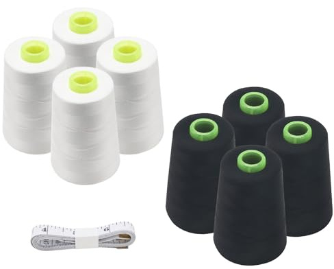 FOGAWA 8Rolls 5000 Yards Overlocking Sewing Machine Polyester Thread Sewing Thread Overlocker Thread 40S/2 Black White Sewing Thread Cones with Measuring Tape for Hand and Machine Sewing Crafts