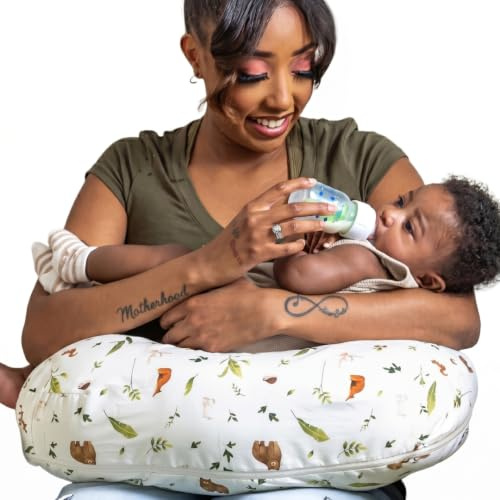 Boppy Nursing Pillow - Firm, Ergonomic U-Shaped Bottle and Breastfeeding Pillow with High Lift for Comfort and Support, Spacious Surface - Neutral Plants and Animals