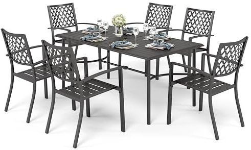 PHI VILLA Gartenmöbel Set Metall Tisch mit 6 Stapelbaren Stühle Schwarz | E-Beschichtung Rostfest Metall Sitzgruppe Outdoor, Stapelbare Stühle für Platz Sparen, 6 Personen, Terrasse, Veranda, Deck