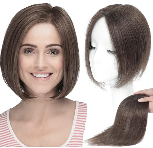 Lagomance Haaraufsatz für Damen, kein Pony, Echthaarteil für Frauen mit dünner werdendem Haar, 25,4 cm, 28 g, mittelbraunes Kastanienbraun, Nr. 6