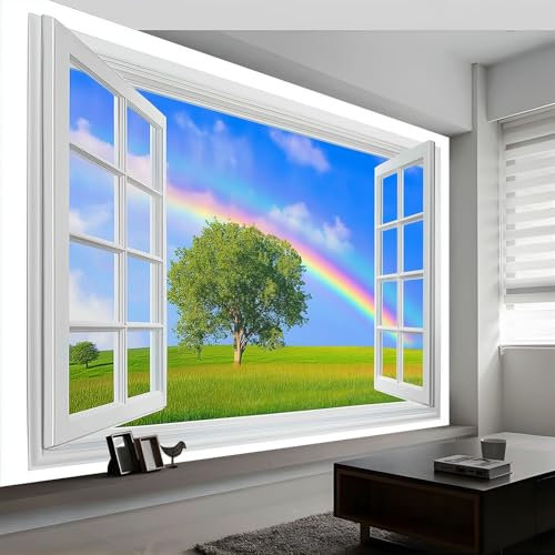 Vlies Fototapete Kinderzimmer B200 x H140 cm, Blauer Himmel Wolken Regenbogen Fototapeten Tapeten für Kindertapete - Grüne Fensterfläche Vliestapete Wandtapete Wanddeko Tapete 3D Effekt Schlafzimmer