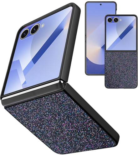 NINKI Samsung Galaxy Z Flip 7 fodral med yttre skärmskydd, ultratunt bling lyxigt vikbart läderfodral anti-stöt anti-fall lager för Galaxy Z flip 7 skal svart