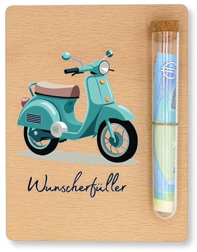ZUKLA Verpackung Geldgeschenk Moped - 13 x 10 cm - mit Reagenzglas - Holz - Vespa Geschenke für Männer & Frauen - Geldgeschenke Geburtstag Roller - Vespa Spardose