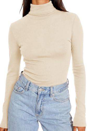 DUOEASE Longsleeve Damen Elegant Basic Rollkragen Tshirt Damen Slim Fit Gerippt Langarm Oberteile Herbst Winter Top(Beige XS
