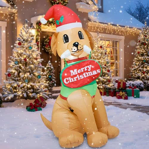 4FT Christmas Inflatable Dog with Light-Up Bone & 'Merry Christmas' Sign - Outdoor LED Decor for Garden, Holiday Yard Inflatable, Festive Lawn Ornament, Xmas Party Decoration