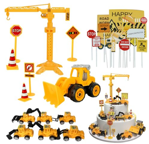 UtenTol 49 Stück Bagger Geburtstag deko Bagger Tortendeko mit Baufahrzeug Tortendeko Bagger Kuchen deko Geburtstag Bagger tortendeko Verkehrsschilder Torte Kuchen Deko Cake Topper (Bulldozers-WJJ)
