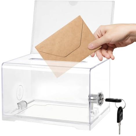 xolear Scatola per Donazioni in Acrilico, Cassetta per Donazioni con Serratura, Scatola per Votazione con Supporto per Cartelli, Trasparente per lotteria per Voti, Concorsi, Commenti(16x12x10cm)