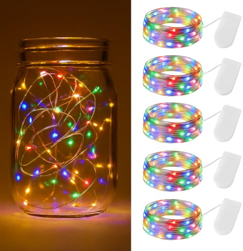 5 Stück Lichterkette, Batterie-Lichterkette, Bunt 2m 20 LEDs, Silberdraht | Wasserdicht, Batteriebetrieben, für Innenbereich, Schlafzimmer, Flaschendekoration, Outdoor, Party, Hochzeit und Bäume