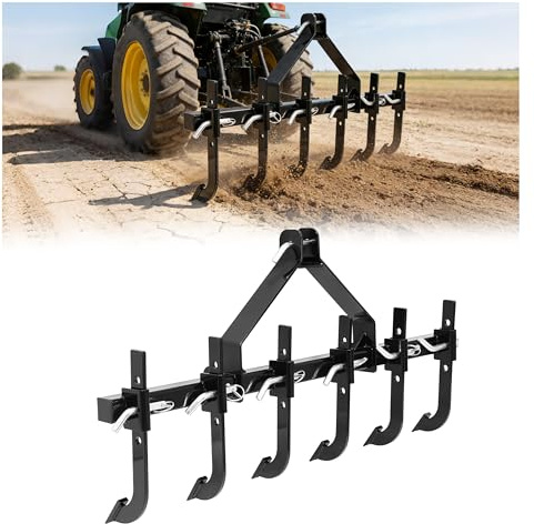 ALMULOO 48 3 Point Plow Scarifier Compatible with Heavy Duty Tractor CAT-0 Implements W/6 Adjustable Shanks Detachable Cultivator Chisel Plow Scarifier Tiller Powder Coated Black Steel