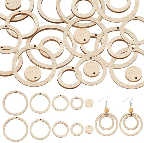 PH PandaHall 50pcs Anneaux de Liaison en Bois, 5 tailles Breloques Rondes et Plates en Bois pour Boucles D'Oreilles Colliers Bijoux Loisirs Créatifs, 12.5~37.5mm
