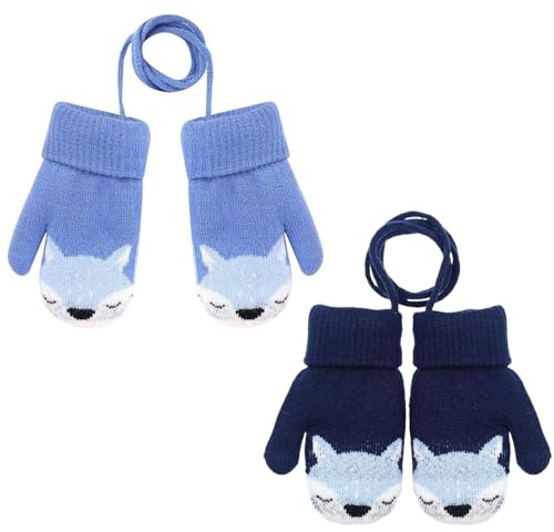 EYWILYWI 2 Pairs Kids Thick Knitted Gloves,Kids Mittens on String for Toddle Warm Fleece Lined Gloves,Cute Cartoon Hang Neck Mittens,Baby Winter Warm for 1-3 Years. (2 Pairs)