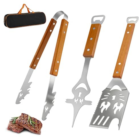 3-Piece BBQ Tools Set with Grill Spatula, Tongs, Fork - Wooden Handles, Duty Stainless Steel Barbecue Utensils Kit, 7-in-1 Turner & 6-in-1 Fork Functions As A Bottle Opener-Surprise Gifts for Men Dad