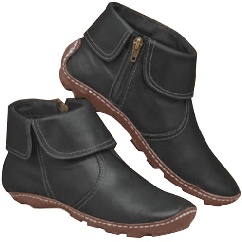 Bottines Western en cuir pour femme - Bottines d'été vintage - Chaussures confortables pieds nus - Fermeture éclair latérale - Bottes Chelsea antidérapantes - Chaussures de marche confortables, Noir