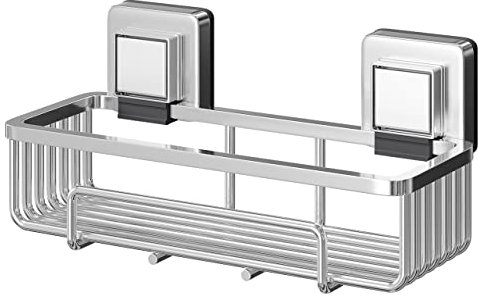 Showerdrape Pushloc Wall Mounted Double Edge Suction Rectangular Basket, Chrome, No Drilling, Easy Installation