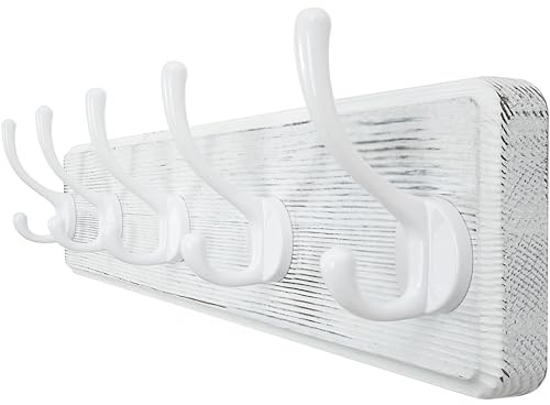 WEBI Garderobenleiste mit 5 Haken,Garderobenhaken,Wandgarderobe Holz,Kleiderhaken Wand,Hakenleiste Garderobe,Jackenhalter Wand für Mäntel,Jacken,Weiß