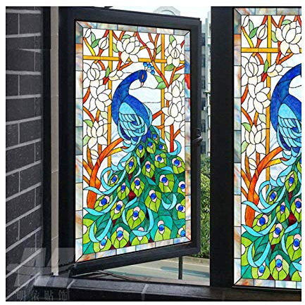 Siunwdiy Selbstklebend Sichtschutzfolie, Fensterfolie, Glasdekorfolie, Bunt, PVC, Für Zu Hause Badezimmer Wohnzimmer Dekorativ,Peacock,40x80cm