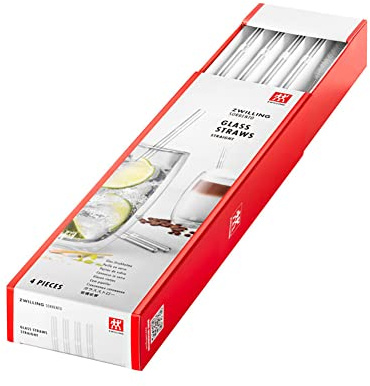 ZWILLING Pajitas rectas reutilizables de vidrio borosilicato para bebidas frías o calientes, pack de 4 pajitas + 1 cepillo para limpiar, longitud 23 cm, color: transparente, serie Sorrento